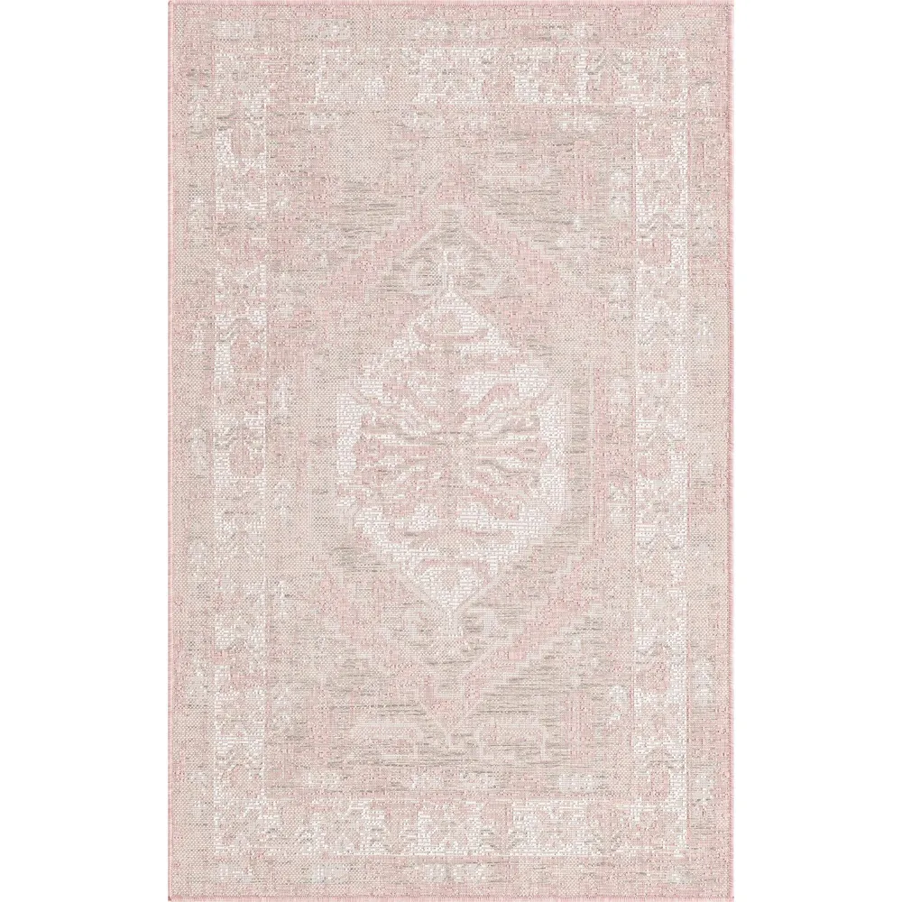 3.25′ x 5.25′ Pink and Ivory Medallion Traditional Rectangular Outdoor Area Throw Rug