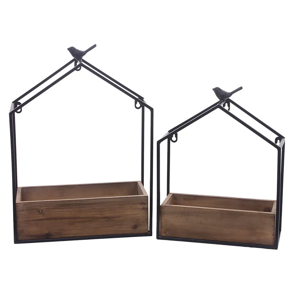 Set of 2 Brown and Black Flower Box Lanterns with Birds
