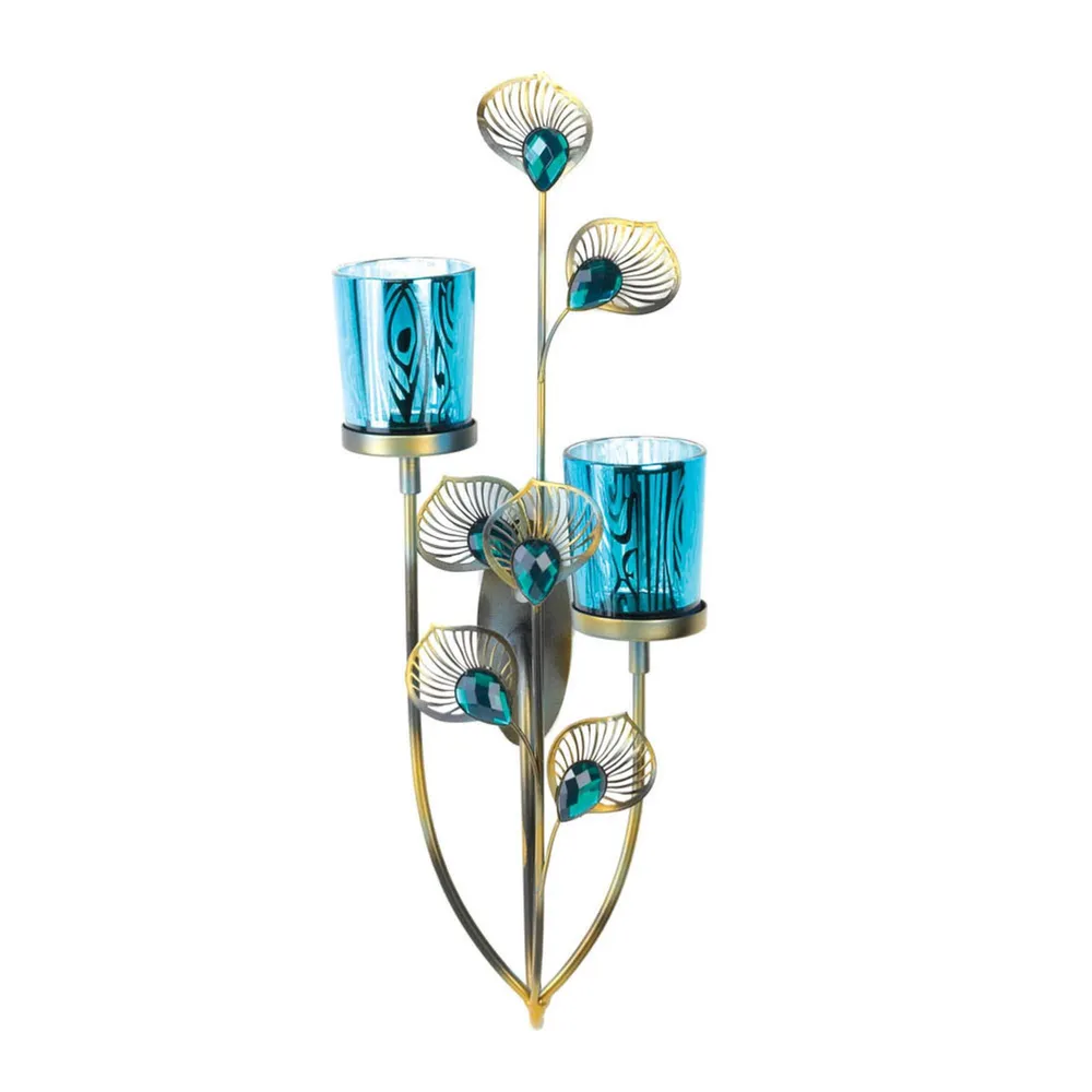 14″ Blue and Gold Peacock Plume Candle Wall Sconce – Stunning and Versatile Lighting Decor