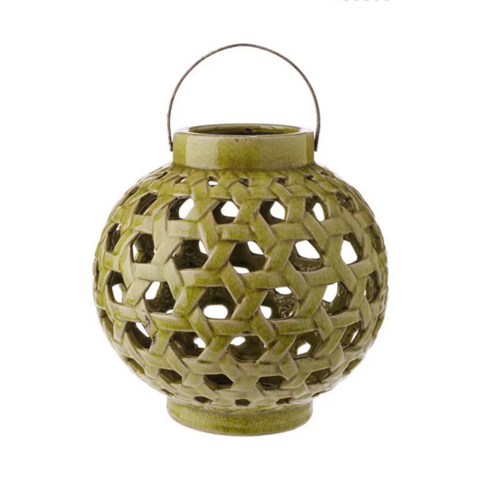 10.25″ Tea Garden Caladium Leaf Green Glazed Terracotta Crackled Decorative Pillar Candle Lantern
