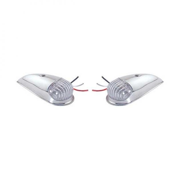 Parking Light Assemblies - Clear Lens - Amber LEDS - Polished Stainless Steel - 12 Volt - Ford Passenger