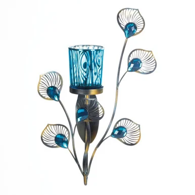 Elegant 11.25″ Blue & Gold Peacock Candle Wall Sconce for Stunning Home Decor