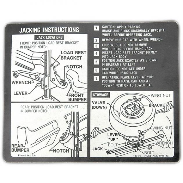Full Size Chevy Jack Stowage & Jacking Instructions Sheets,Hardtop &Sedan, 1971