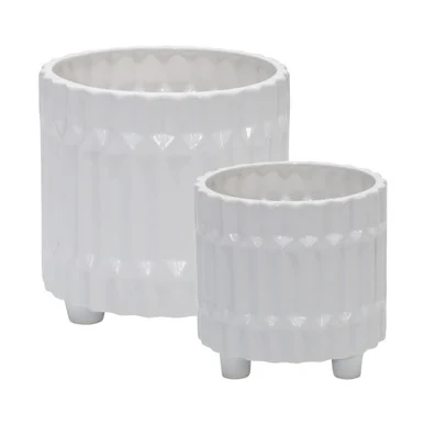 Fluted Ceramic Footed Planters – 8″ – White – Set of 2
