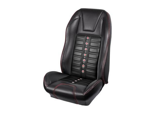 Front Bucket Seat Upholstery Set, TMI Sport X, Matte Black Vinyl, Red Stitching, Stainless Steel Grommets