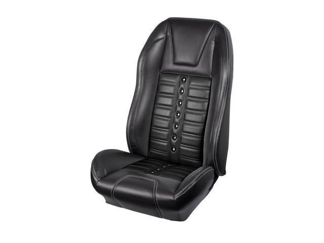 Front Bucket Seat Upholstery Set, TMI Sport X, Matte Black Vinyl, White Stitching, Black Grommets