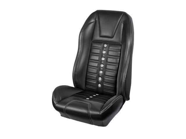 Front Bucket Seat Upholstery Set, TMI Sport X, Matte Black Vinyl, White Stitching, Stainless Steel Grommets