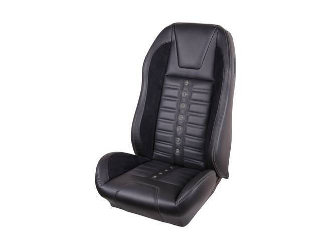 Front Bucket Seat Upholstery Set, TMI Sport XR, Matte Black Vinyl and Charcoal Black UniSuede Inserts, Black Stitching, Black Grommets