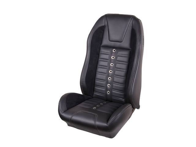 Front Bucket Seat Upholstery Set, TMI Sport XR, Matte Black Vinyl and Charcoal Black UniSuede Inserts, Black Stitching, Stainless Steel Grommets