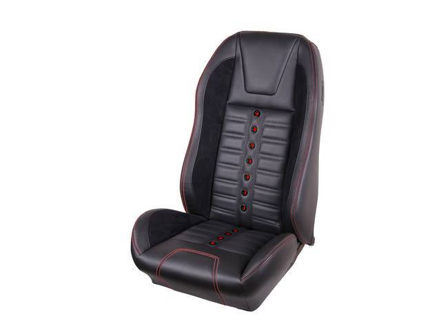 Front Bucket Seat Upholstery Set, TMI Sport XR, Matte Black Vinyl and Charcoal Black UniSuede Inserts, Red Stitching, Black Grommets