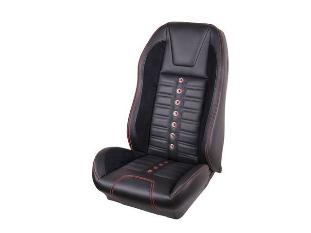 Front Bucket Seat Upholstery Set, TMI Sport XR, Matte Black Vinyl and Charcoal Black UniSuede Inserts, Red Stitching, Stainless Steel Grommets