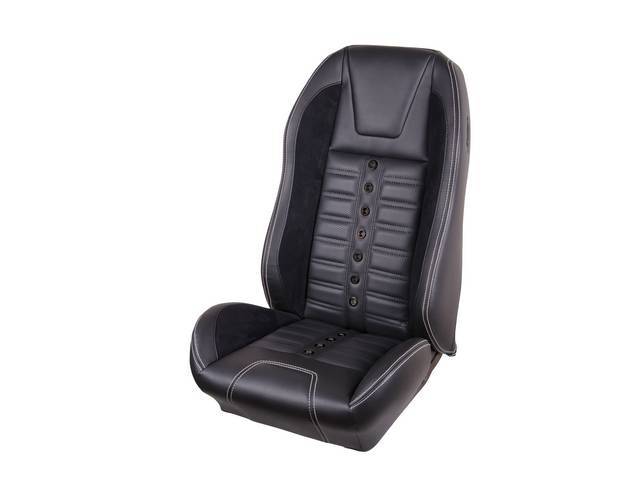 Front Bucket Seat Upholstery Set, TMI Sport XR, Matte Black Vinyl and Charcoal Black UniSuede Inserts, White Stitching, Black Grommets