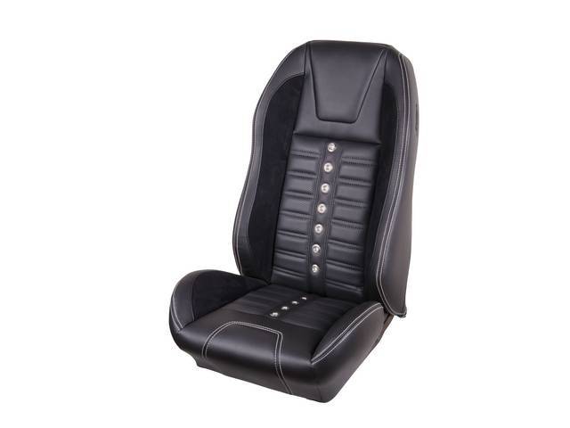 Front Bucket Seat Upholstery Set, TMI Sport XR, Matte Black Vinyl and Charcoal Black UniSuede Inserts, White Stitching, Stainless Steel Grommets