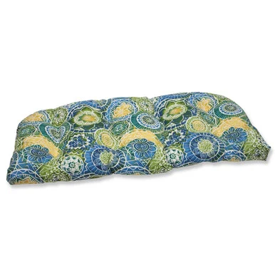 Geometric Lagoon Outdoor Patio Tufted Wicker Loveseat Cushion – 44″ – Green and Yellow