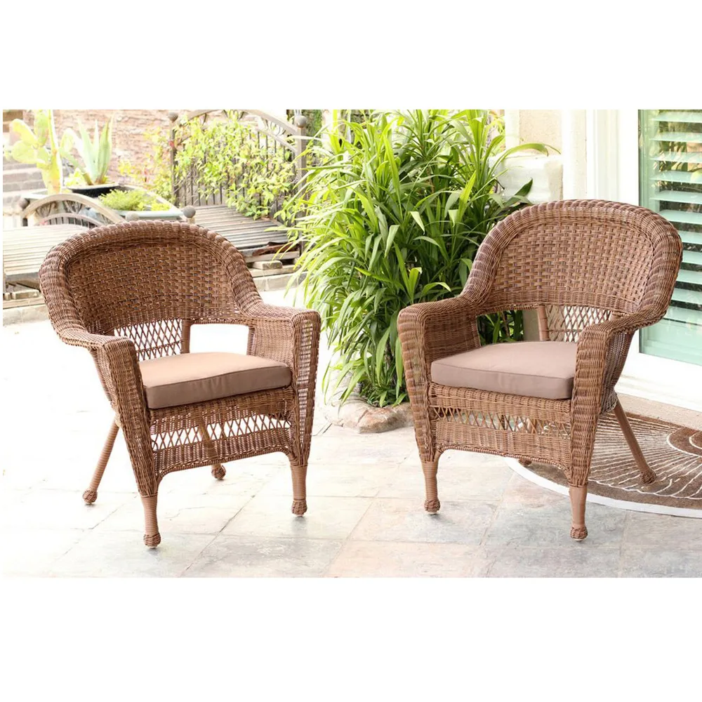 Set of 4 Honey Brown Resin Wicker Patio Chairs with Brown Cushion 36″