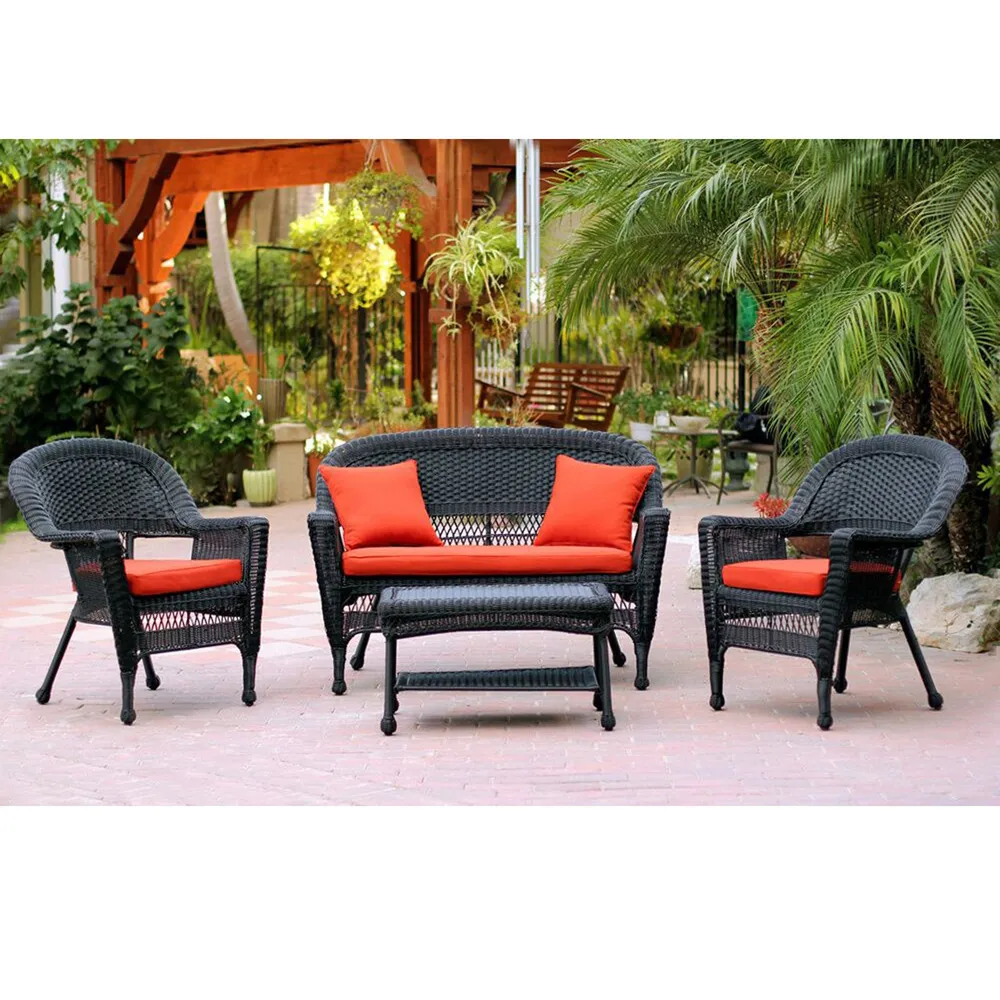 4-Piece Black Wicker Patio Chair, Loveseat & Table Furniture Set – Red Cushions 51″