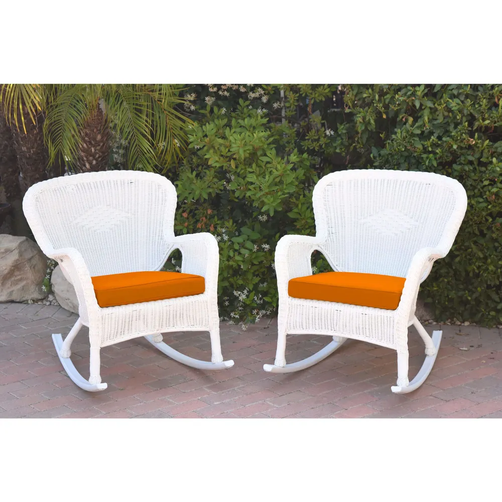 Set of Windsor White Resin Wicker Rocker Chair with Orange Cushions 35.5″