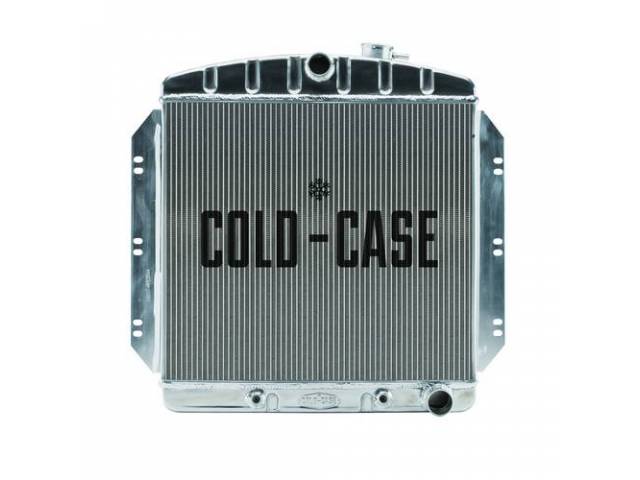 RADIATOR, Down Flow, Aluminum, 2 row, Cold Case, aluminum version of OE Style radiator (can be painted black for OE look), 21.75 inch width x 19 inch height x 3 inch thick core size, 26.5 inch overall width (to the brackets) x 25 inch overall height, cent