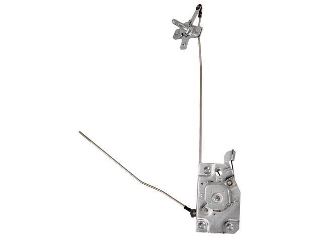 Front Door Latch Assembly, RH, incl rod, retainer clips and long shaft relay, reproduction