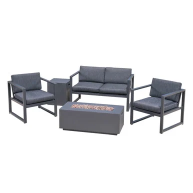Luxury 5pc Gray and Silver Outdoor Patio 4 Seater Chat Set with Fire Pit 48.5″