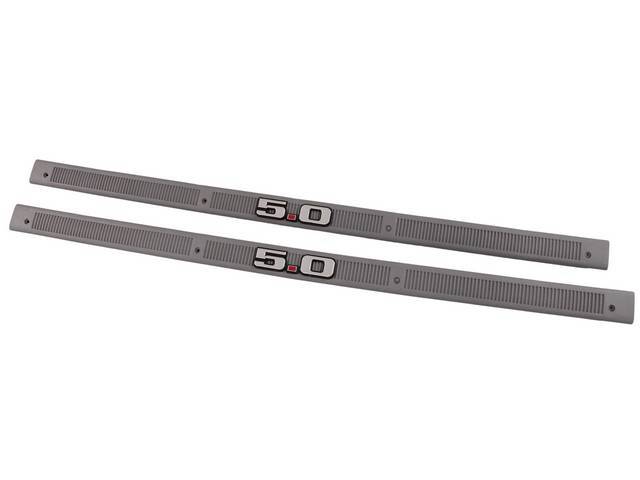 Plates, Logo Door Scuff, Smoke Gray, W/ * 5.0 * Fender Emblem Recessed In Center, Pair, Paintable, Repro