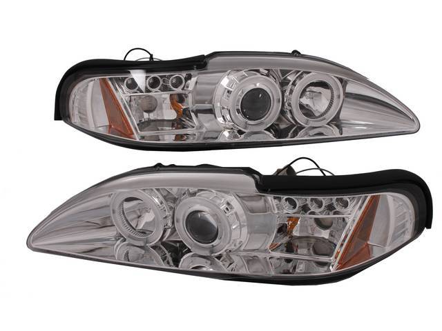 Head Light Set, One Piece Halo Led Projector Design, Clear Lenses W/ Chrome Housing, Dual Halo W/ Led Projector Lights W/ Amber Reflector, Designed To Replace Your Factory 2 Piece Units