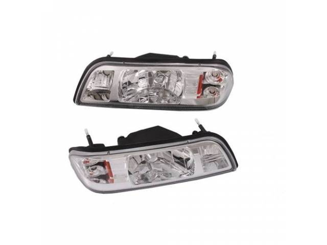 Head Light Set, One Piece Design, Clear Lenses W/ Chrome Housing, Diamond Chrome Reflectors, Designed To Replace The Complete Factory 6 Piece Unit