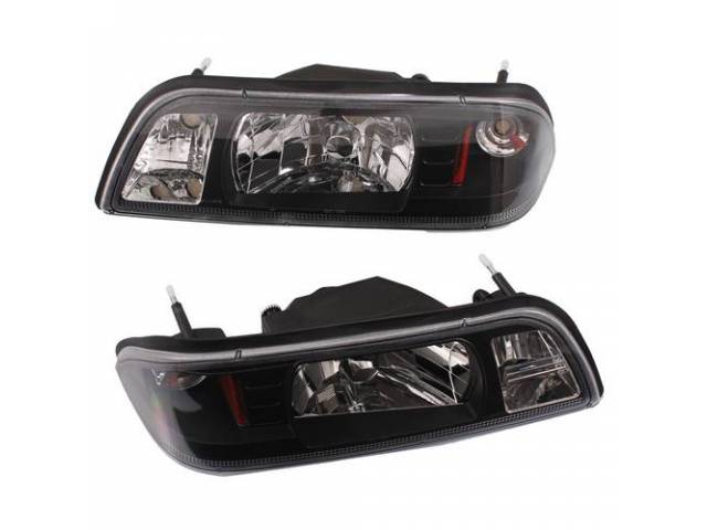 Head Light Set, One Piece Design, Clear Lenses W/ Black Housing, Diamond Chrome Reflectors, Designed To Replace The Complete Factory 6 Piece Unit