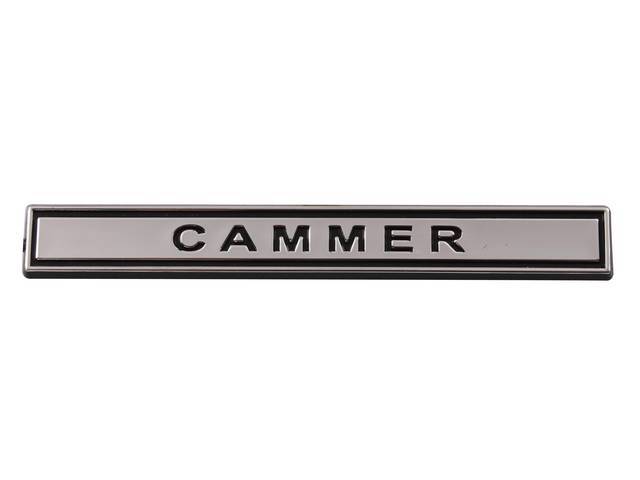 Ornament, Fender / Trunk Lid, Cammer, In Plastic, Black Plastic Lettering W/ Chrome Accents, 5 Inches Long