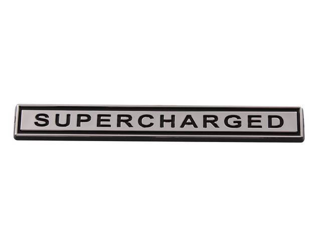 Ornament, Fender / Trunk Lid, Supercharged, In Plastic, Black Plastic Lettering W/ Chrome Accents, 5 Inches Long