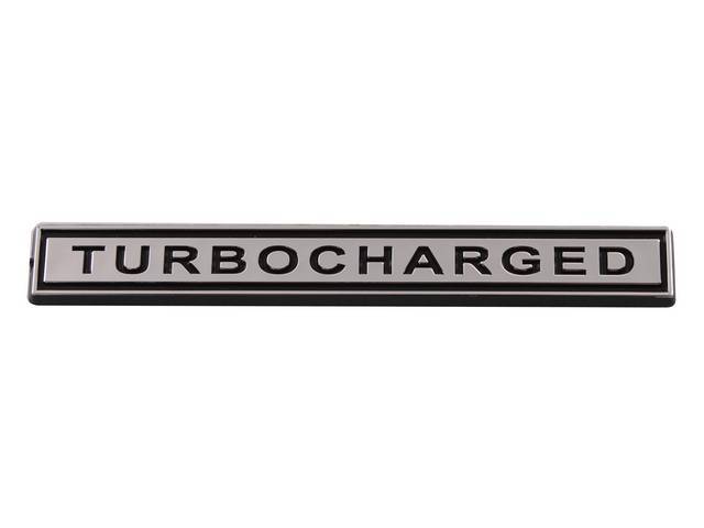 Ornament, Fender / Trunk Lid, Tubrocharged, In Plastic, Black Plastic Lettering W/ Chrome Accents, 5 Inches Long
