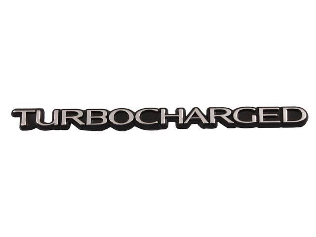 Ornament, Fender / Trunk Lid, Turbocharged Script, In Plastic, Black Plastic W/ Silver Lettering
