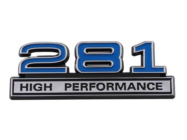 Ornament, Fender / Trunk Lid, 281 High Performance, In Plastic, Black Plastic W/ Chrome And Blue Insert