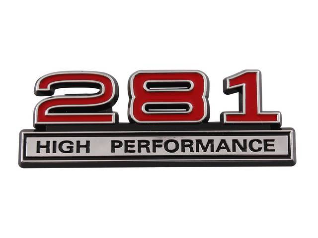 Ornament, Fender / Trunk Lid, 281 High Performance, In Plastic, Black Plastic W/ Chrome And Red Insert