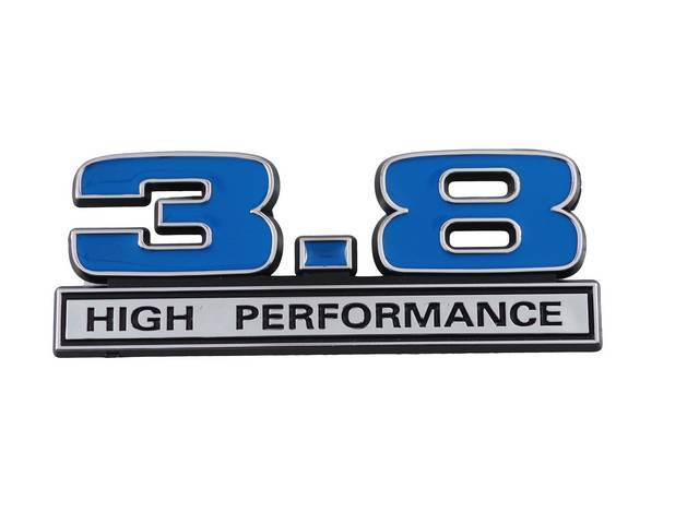 Ornament, Fender / Trunk Lid, 3.8 High Performance, In Plastic, Black Plastic W/ Chrome And Blue Insert, 5 Inches Long