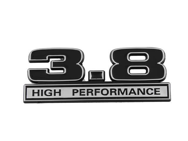 Ornament, Fender / Trunk Lid, 3.8 High Performance, In Plastic, Black Plastic W/ Chrome And Black Insert, 5 Inches Long