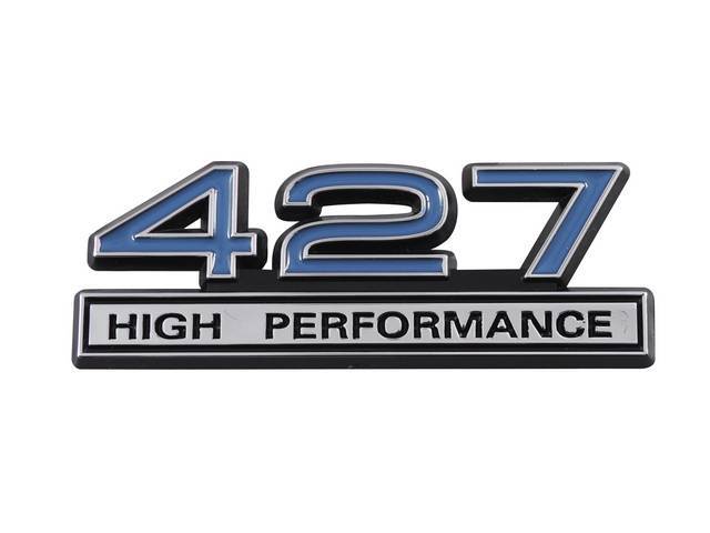 Ornament, Fender / Trunk Lid, 427 High Performance, In Plastic, Black Plastic W/ Chrome And Blue Insert