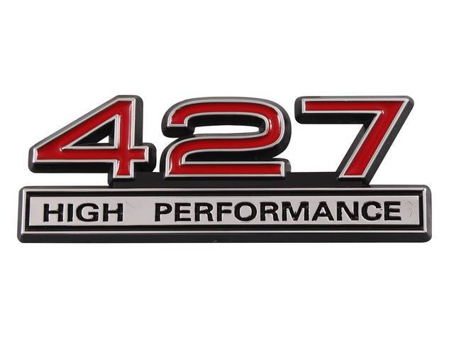 Ornament, Fender / Trunk Lid, 427 High Performance, In Plastic, Black Plastic W/ Chrome And Red Insert
