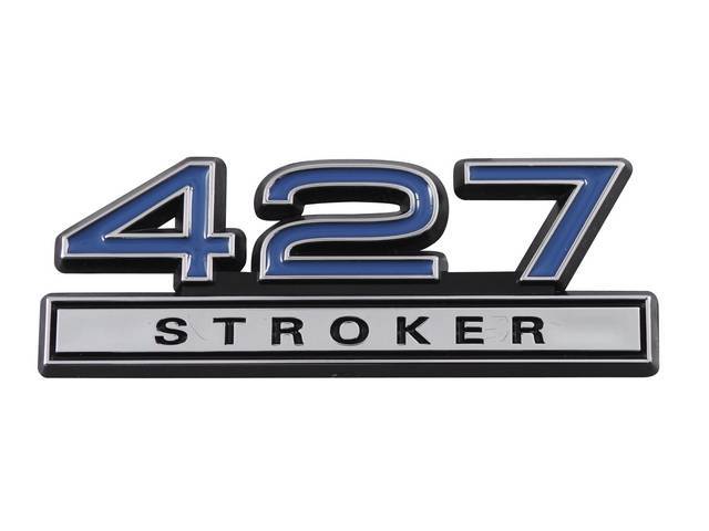 Ornament, Fender / Trunk Lid, 427 Stroker, In Plastic, Black Plastic W/ Chrome And Blue Insert