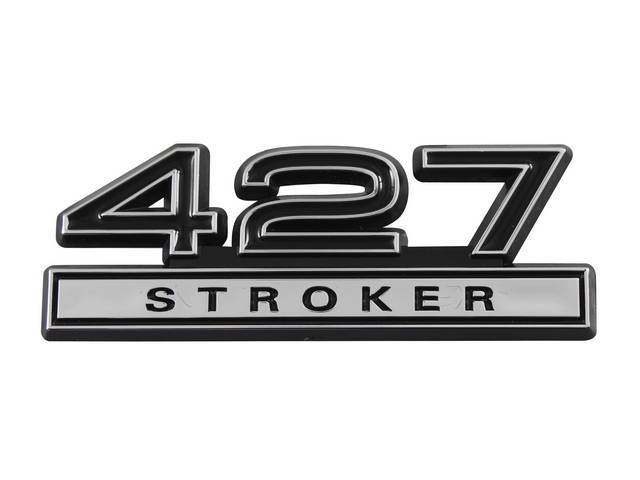 Ornament, Fender / Trunk Lid, 427 Stroker, In Plastic, Black Plastic W/ Chrome And Black Insert