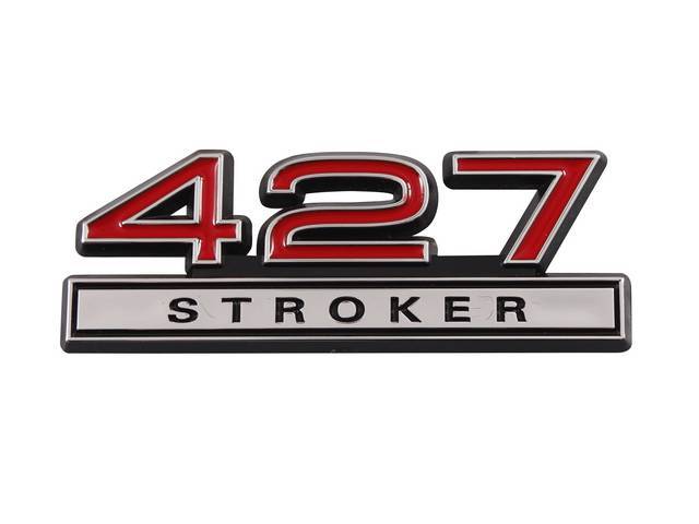 Ornament, Fender / Trunk Lid, 427 Stroker, In Plastic, Black Plastic W/ Chrome And Red Insert