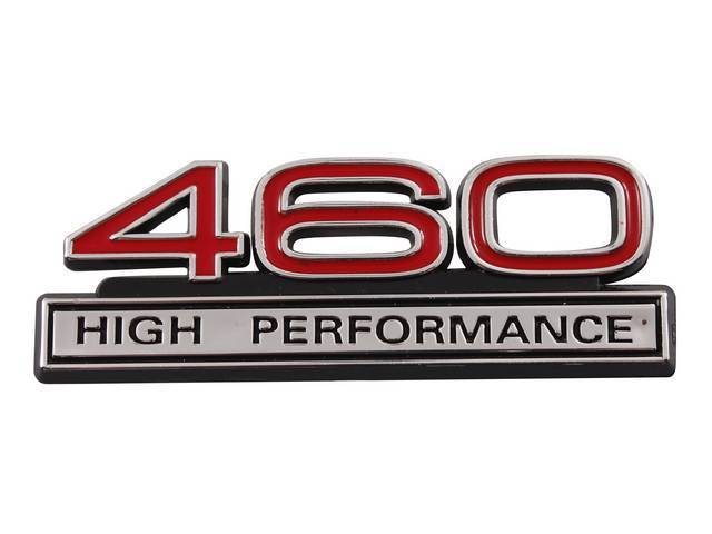 Ornament, Fender / Trunk Lid, 460 High Performance, In Plastic, Black Plastic W/ Chrome And Red Insert
