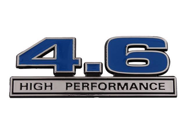 Ornament, Fender / Trunk Lid, 4.6 High Performance, In Plastic, Black Plastic W/ Chrome And Blue Insert, 5 Inches Long