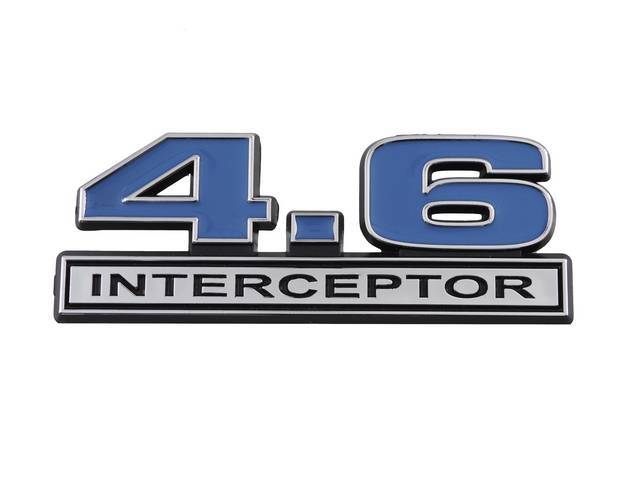 Ornament, Fender / Trunk Lid, 4.6 Interceptor, In Plastic, Black Plastic W/ Chrome And Blue Insert, 5 Inches Long