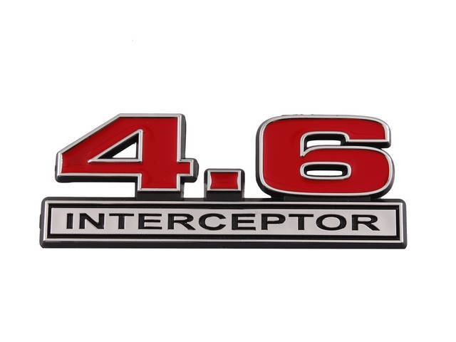 Ornament, Fender / Trunk Lid, 4.6 Interceptor, In Plastic, Black Plastic W/ Chrome And Red Insert, 5 Inches Long
