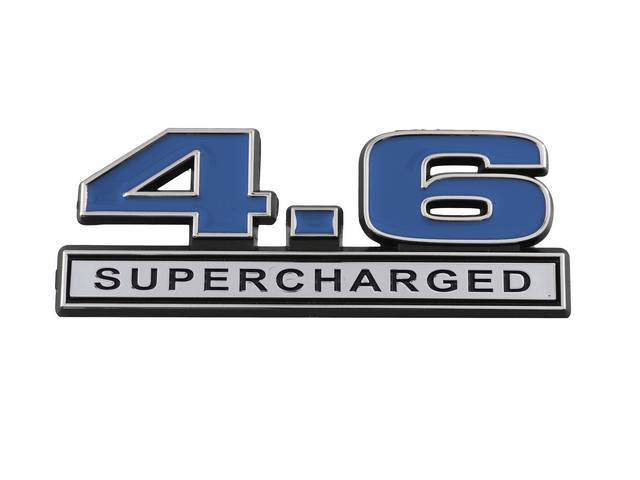 Ornament, Fender / Trunk Lid, 4.6 Supercharged, In Plastic, Black Plastic W/ Chrome And Blue Insert, 5 Inches Long