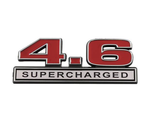 Ornament, Fender / Trunk Lid, 4.6 Supercharged, In Plastic, Black Plastic W/ Chrome And Red Insert, 5 Inches Long