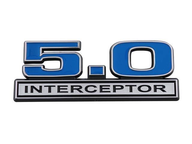 Ornament, Fender / Trunk Lid, 5.0 Interceptor, In Plastic, Black Plastic W/ Chrome And Blue Insert, 5 Inches Long