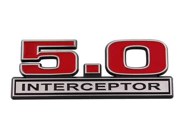 Ornament, Fender / Trunk Lid, 5.0 Interceptor, In Plastic, Black Plastic W/ Chrome And Red Insert, 5 Inches Long