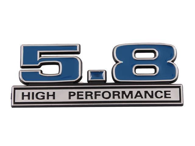 Ornament, Fender / Trunk Lid, 5.8 High Performance, In Plastic, Black Plastic W/ Chrome And Blue Insert, 5 Inches Long